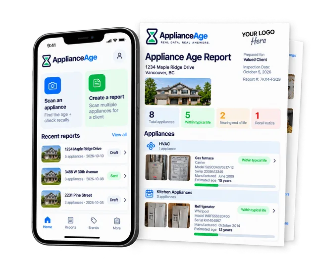Illustration of the Appliance Age app beside a branded appliance report with photos, age details and recall information
