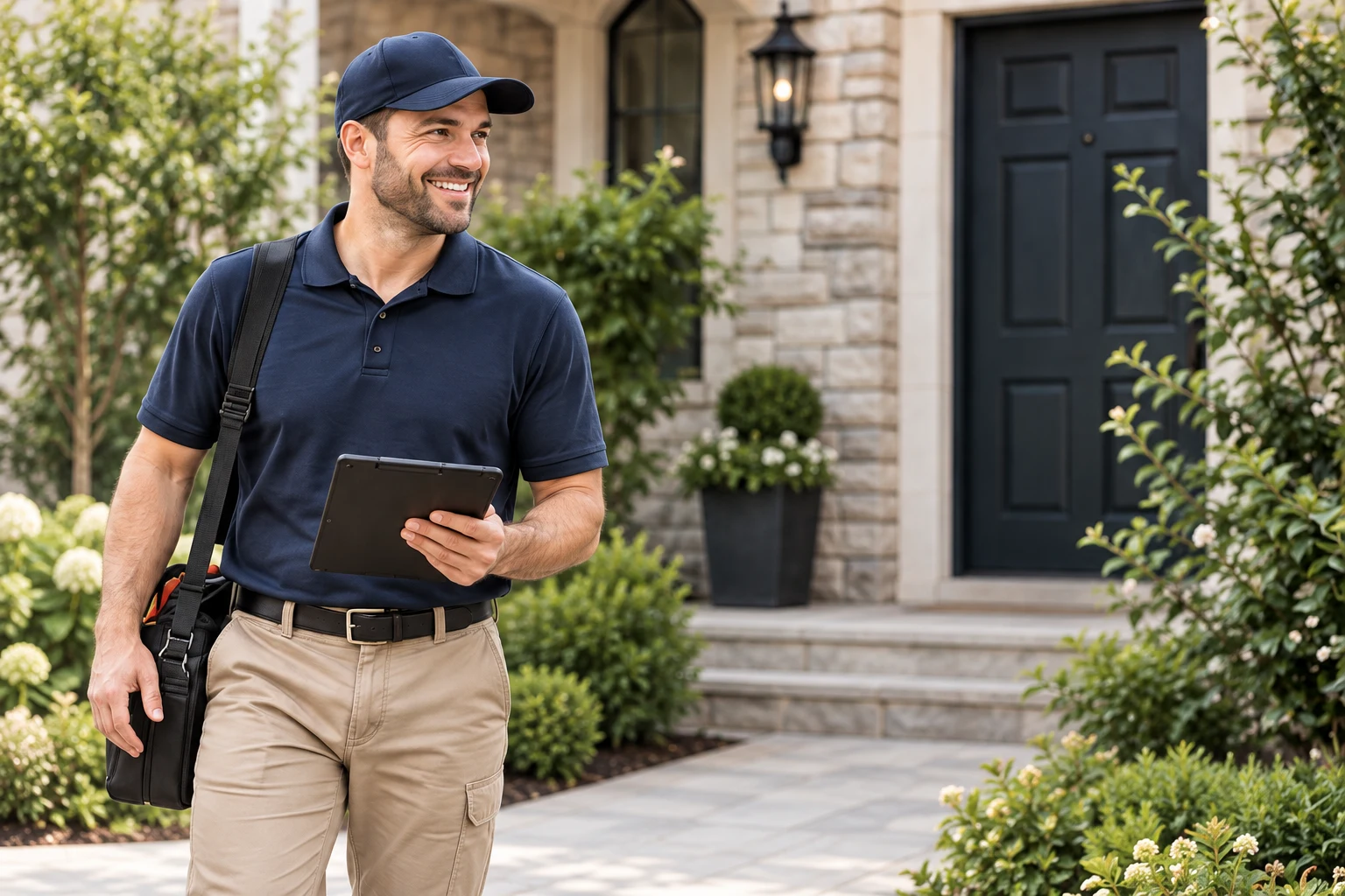 Home inspector holding a tablet outside a home