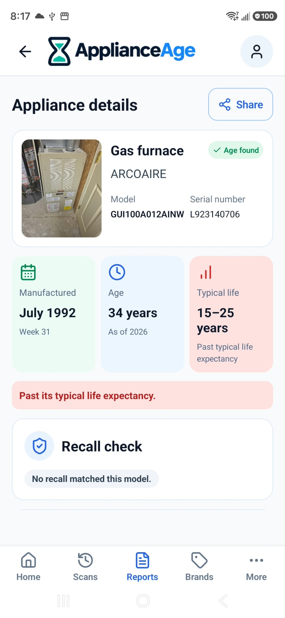 Furnace details showing manufacture date, age, typical life and recall check