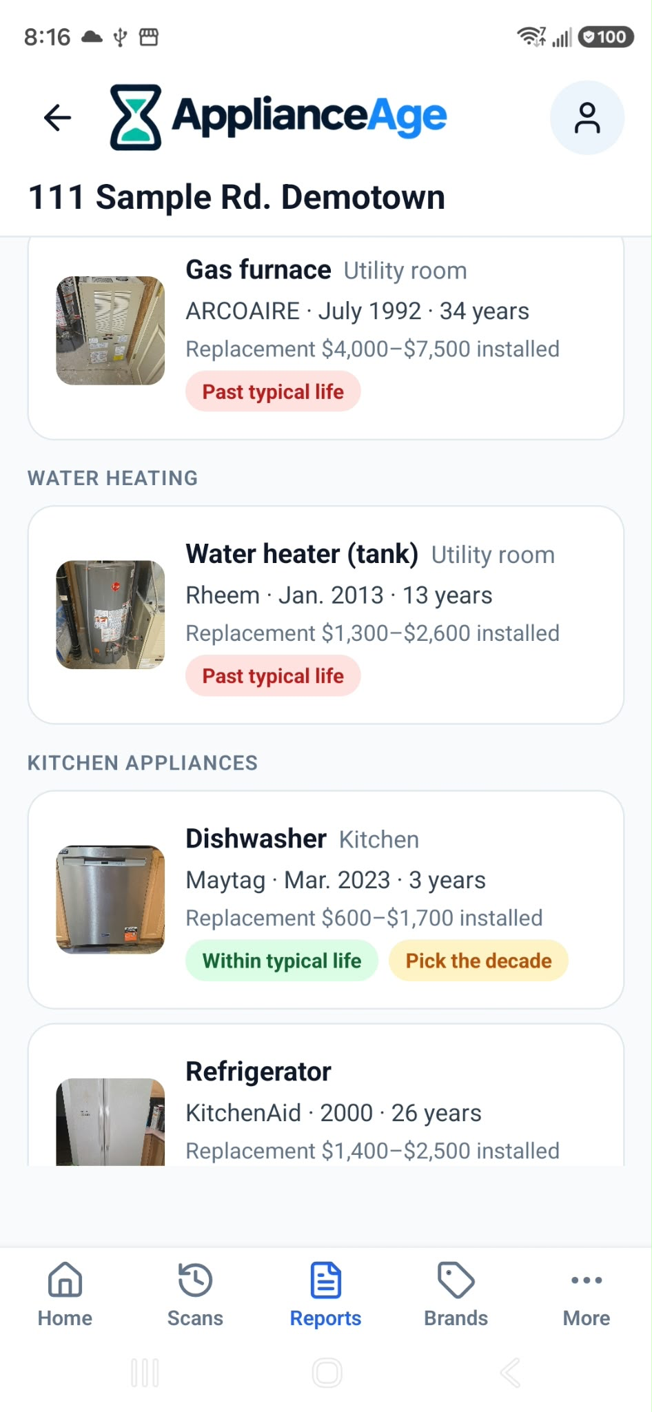Appliances organized by system, with photos, manufacture dates and ages