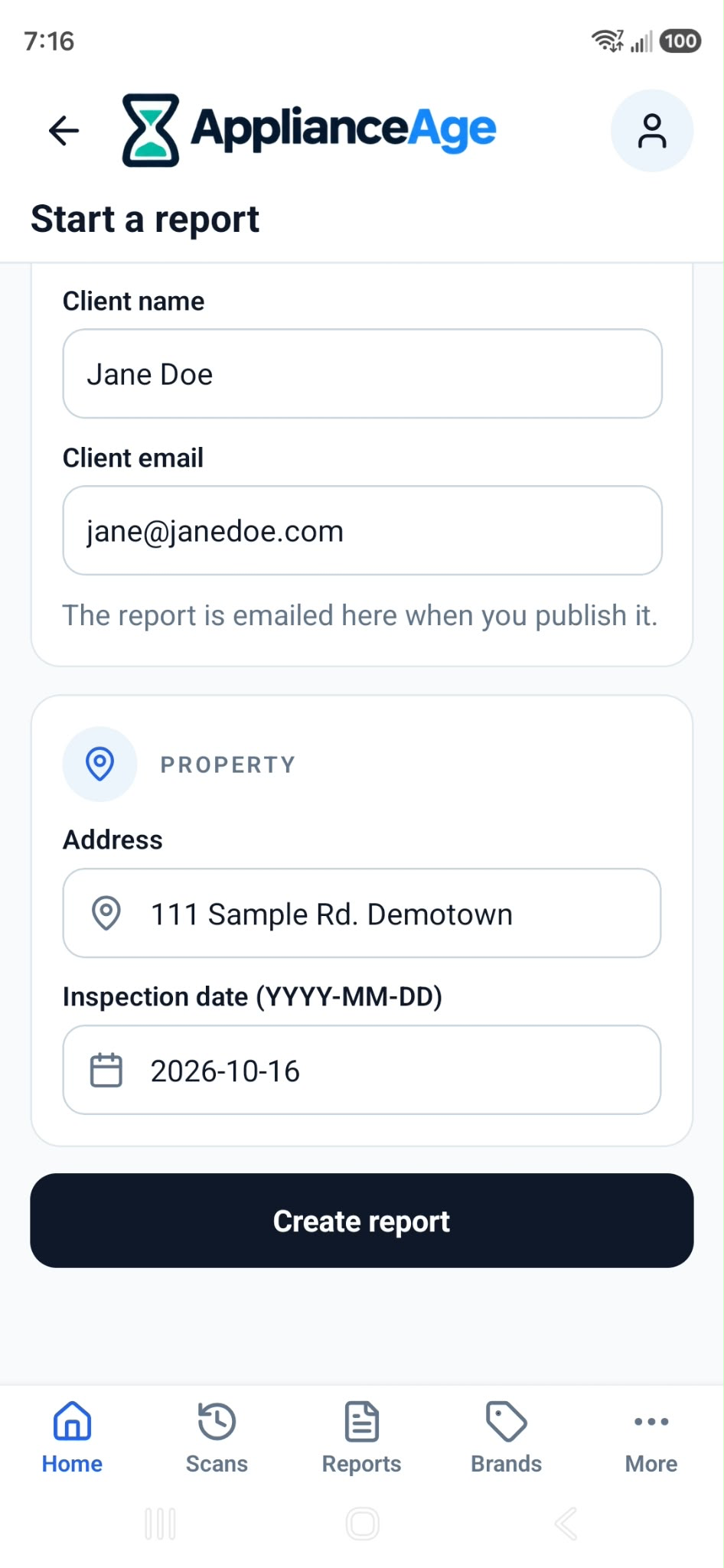 Report form with client, property and inspection date fields