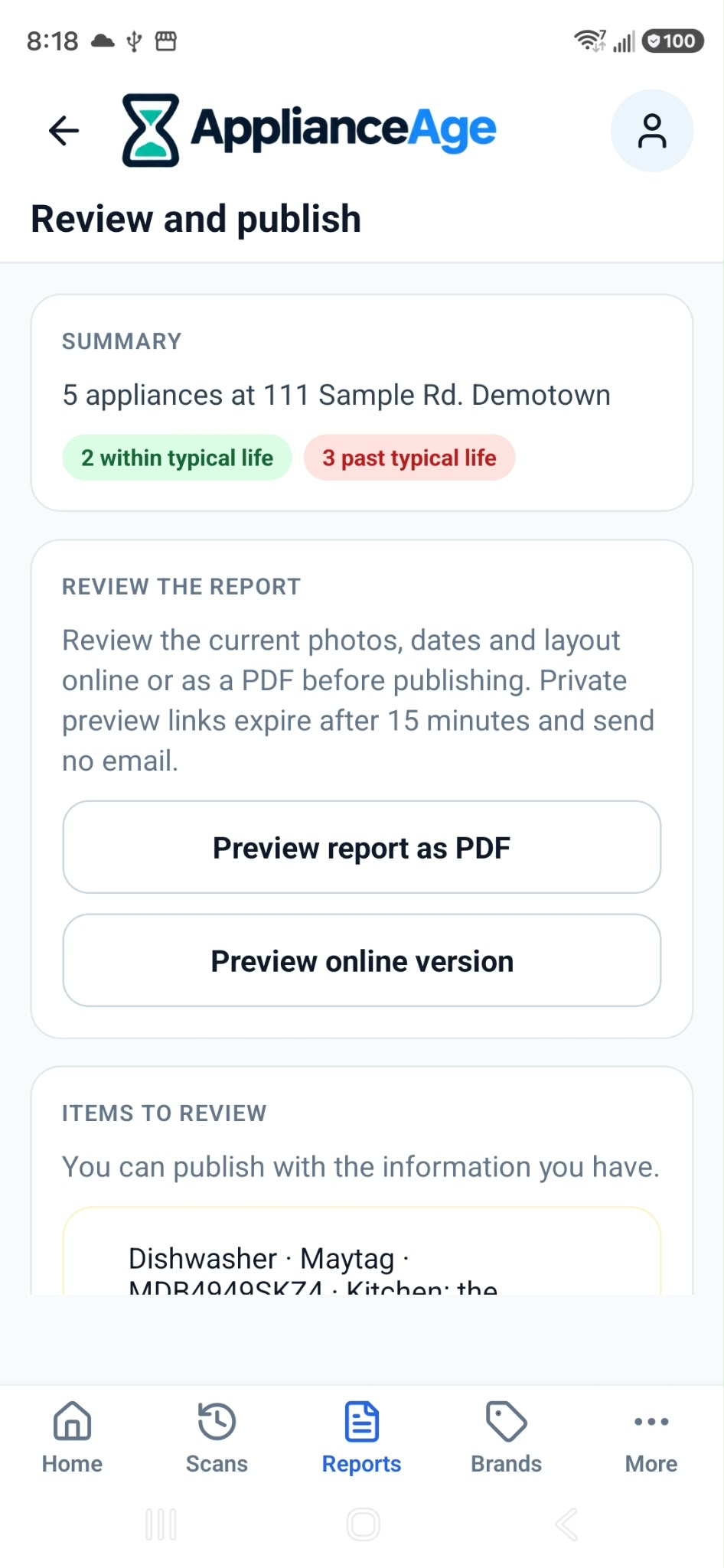 Report review screen with a summary and PDF and online preview options