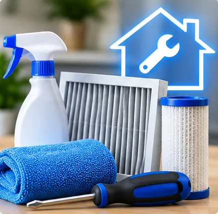 Cleaning supplies, an air filter and a screwdriver